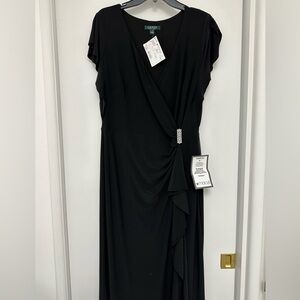 New with Tags, Black formal long gown with art deco clasp. Ralph Lauren size 14